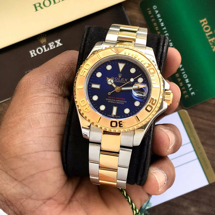 Rolex Yacht-Master 18k Yellow Gold/Steel Blue Dial Ladies 35mm Watch T  68623 - Jewels in Time